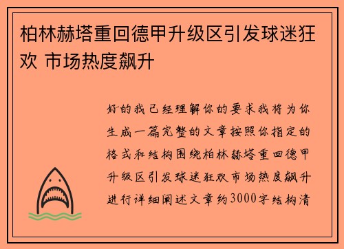 柏林赫塔重回德甲升级区引发球迷狂欢 市场热度飙升